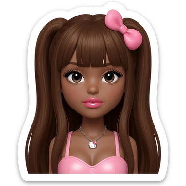 heart shaped lips, cute glossy lips, doll eyes with long lashes, dark brown skin, long brown hair, big chest, hello kitty necklace, one bow clip, bimbocore outfit, (NO BANGS) sticker