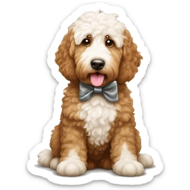Brown and white golden doodle with bow sticker