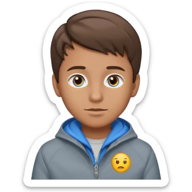Fais-moi un garçon avec la peau bronzée les yeux bleus qui portent une veste grise avec les cheveux marrons version emoji sticker