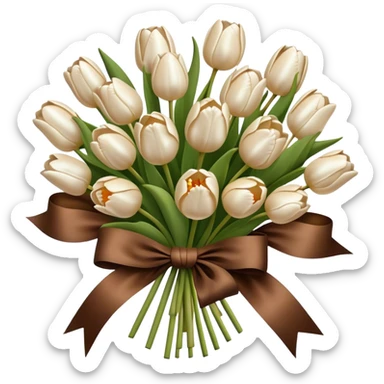 A big bouquet of pearl and beige colored tulips tied with a brown silk bow  sticker