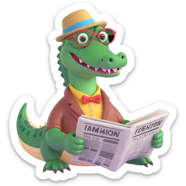 a grandpa alligator, reading a newspaper, with a mustache and spectacles sticker