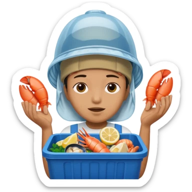 Person eating seafood with a plastic bin on sticker