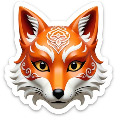 ​Cinematic Realistic Japanese Kitsune Mask, depicted as an intricately carved fox mask with flowing, delicate features and vivid traditional patterns, its mysterious eyes set against a softly blurred background that emphasizes its mystical allure and cultural significance, rendered with detailed textures and refined lighting, sticker