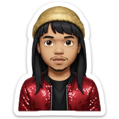 Anderson Paak with long platinum black hair with bang, dark red sequin outfit sticker