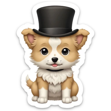 cute small tan and white dog with black nose, black round eyes, curly fluffy medium length hair, wearing a top hat sticker