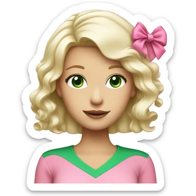 platinum blonde with green eyes wearing a pink bow with green shirt sticker