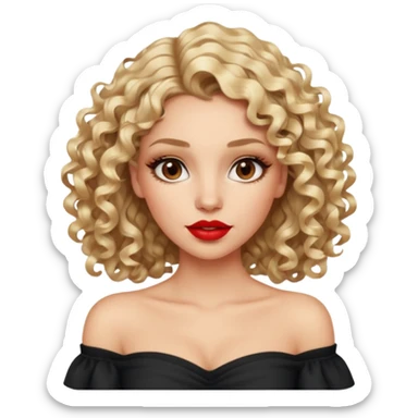 exaggerated features of woman with curly long blond hair, brown eyes, wearing an off-shoulder top,  sticker