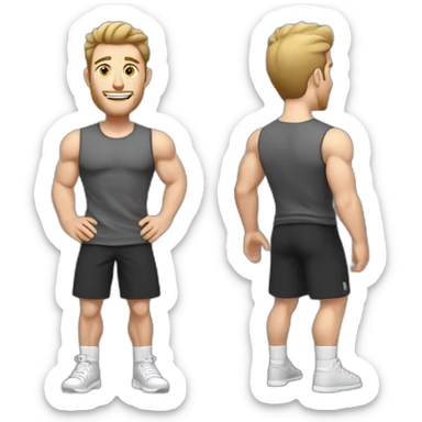 Full height Actively gesturing with hands Pale skinned Fit Man With the biceps, Bristle and light brown hair in dark gray Sleeveless Mike, black oversize sports shorts and white Sneakers sticker