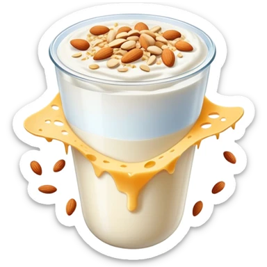 A large white leg bone clearly floating in the center, very prominent and glowing. Around it at a distance are separate calcium-rich foods: yogurt cup, pile of shredded cheese, almonds, and sesame seeds. sticker