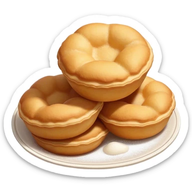 Cinematic Realistic image of simple round buñuelos, depicted with a lightly crisp, golden exterior and soft, airy interior, dusted with a subtle layer of powdered sugar and set against a rustic backdrop with warm, inviting lighting. sticker