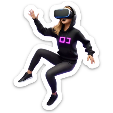 Russian girl wearing black hoody with violet letters "OMG", in vr headset oculus quest2. jumping. Cyberpunk style. Violet neon. sticker