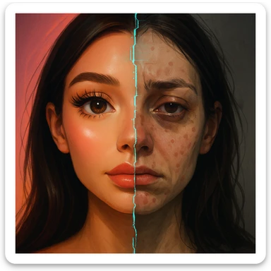 A split-face illustration: left half shows a flawless, glowing influencer-style face with oversized eyes, perfect skin, and plump lips; right half shows a realistic, exhausted face with dark circles, blemishes, and a frown. A subtle glitch effect runs down the center like a cracked mirror, symbolizing the fragile boundary between filtered and unfiltered realities. sticker