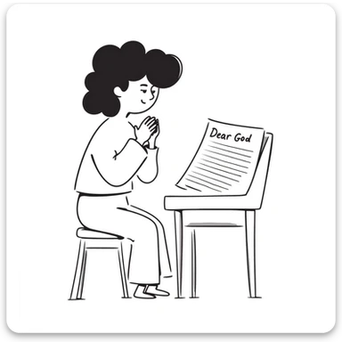 Person with prayer hands next to a paper that clearly shows "Dear God" written at the top of an essay sticker