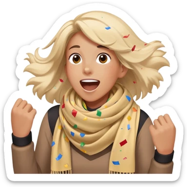 person with a sports scarf, excited expression, confetti in the air sticker