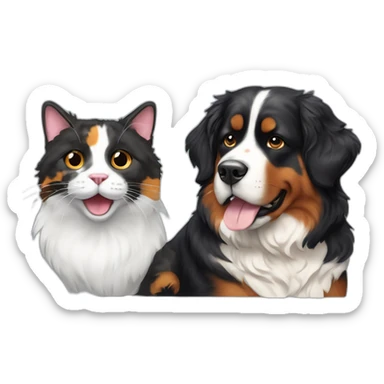 A Bernese dog beside A tortoiseshell cat without white fur sticker