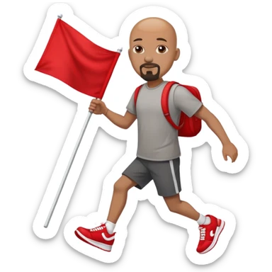 Bald black man with a white goatee in sneakers carrying a red flag sticker