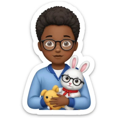 black boy kid with glasses → holding a toy rabbit sticker
