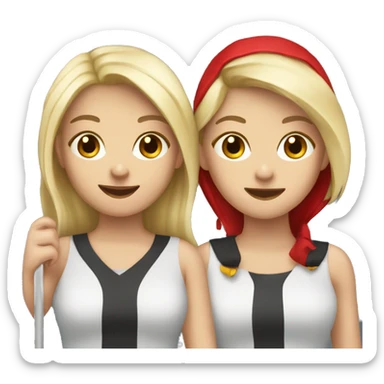 2 girls best friends one blonde and one brunette holding red flags sticker