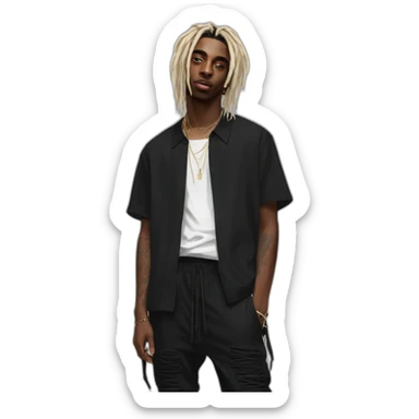 playboi carti blonde dreads with plain black shirt on with black pants and rick owens shoes on and also black durag sticker