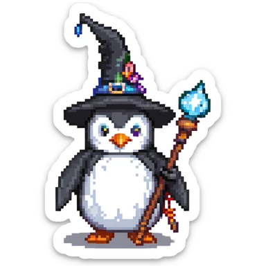 penguin wizard with a pointy hat and magic staff sticker