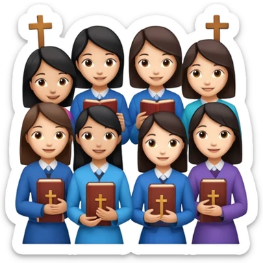 eight asian girls talking to each other holding bibles and crosses sticker