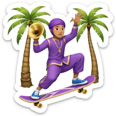 Islamic male, with a violet kufi, doing a kick-flip on a skateboard, playing a blue French horn, underneath a coconut tree sticker