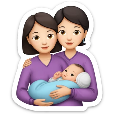 A Chinese mother (around 40) with her newborn and her 60-year-old mother. sticker