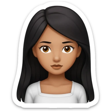 A deep skin girl (deep skin is caramel color not dark) with long black hair swept TO THE FRONT and a square neckline shirt and brown eyes sticker