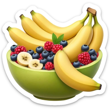 Fresh fruit bowl with berries, banana, and melon sticker