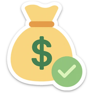 money bag with a large green check mark overlay, simple and bold sticker