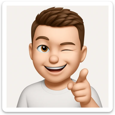 Based on these photos, make an emoji with facial features preserved, a man in a white T-shirt, winking, pointing forward sticker