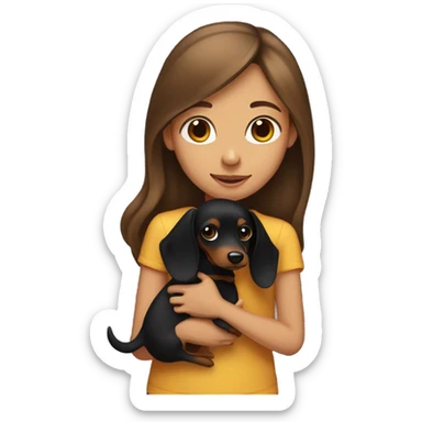 Girl with long brown hair holding long haired black and tan dachshund sticker