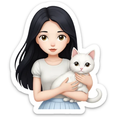 A beautiful girl with long black hair wearing a white skirt holds a cute white cat in her arms sticker