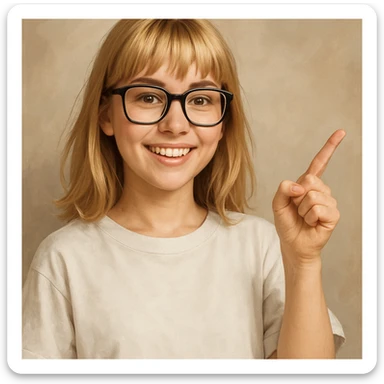 Smiling girl with blonde hair, bangs, and brown eyes, wearing black square glasses and a white oversized T-shirt, pointing her finger up to the right, semi-realistic digital art style sticker
