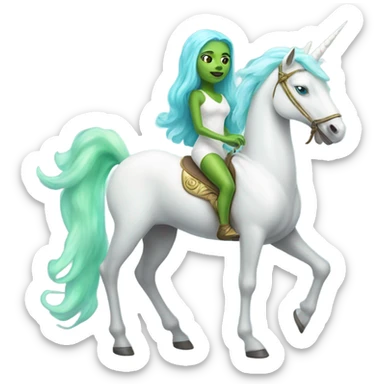 [(a light green amazon alien woman with blue eyes) on a (four-legged white unicorn)] sticker