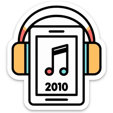 Music playlist icon with smartphone, headphones, and "2010" text, representing 2010s decade music sticker