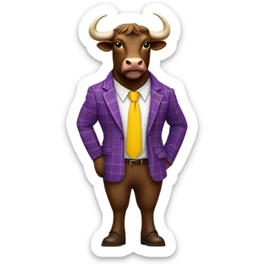 Brown bull with horns standing up wearing purple plaid suit with yellow tie wearing brown shoes sticker