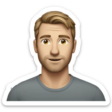 A head and shoulders shot of a 33 year old caucasian man, with short brown hair,   with blue eyes wearing a t-shirt. sticker