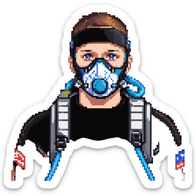Pixelated athlete with VO2 max face mask and breathing apparatus, fitness lab testing sticker