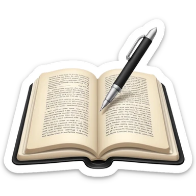 "A white open book,The pen should be positioned as placed exactly in the center between the pages.  if held by a right-handed person - meaning the direction is reversed compared to a left-handed grip. The pen should be uncapped, and the cap placed behind it." sticker