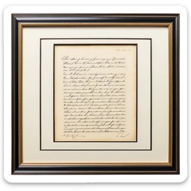 Icon for Autograph Collecting: a signed piece of paper or book page with a famous signature, surrounded by a collection of several framed autographs. Transparent background. sticker