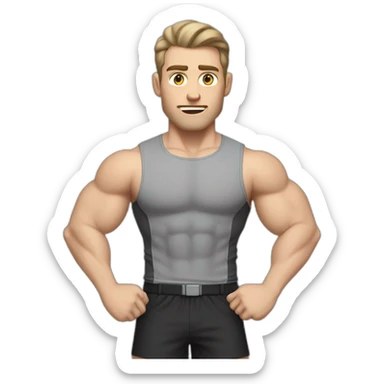 Confused Pale skinned Fit Man With the biceps and dark brown hair in black shirt, gray sports shorts and white Sneakers sticker