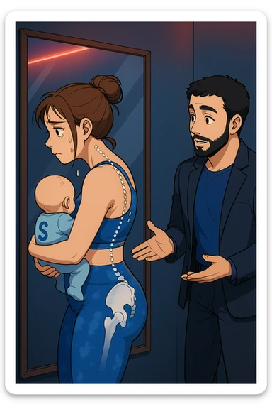 ispirati a questo stile di disegno e fai questa immagine in versione manga/webtoon a colori, il manga mostra la donna che si guarda alla specchio preoccupata di profilo con la postura sbagliata e incurvata, spalle chiuse e curve in avanti, con un neonato in braccio con una tutina azzurra e la scritta "S" blu sulla schiena, spina dorsale storta della donna in evidenza mentre al suo fianco anche l'uomo guarda la donna riflessa nello specchio e le spiega una cosa, ma non fare i fumetti, fai come se stessero parlando sticker