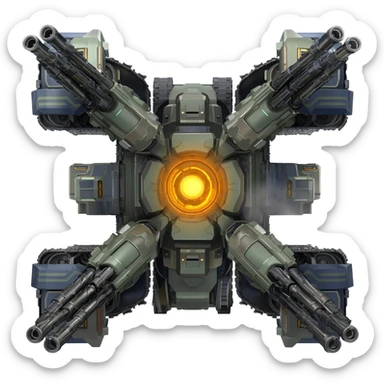 A top down view of an end level boss robot drone with tank track, in a cyber punk futuristic style far beyond what is currently available today, from the year 3000, the camera needs to be directly above the end boss robot drone looking down sticker