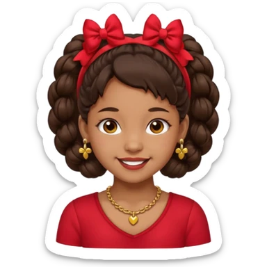 Brownskin girl dark brown hair fluffy. pigtails with red bows brown eyes smiling closed mouth red shirt gold esrrings gold necklace sticker