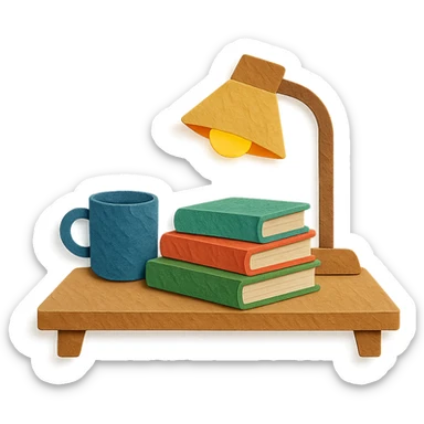lofi study desk with books, coffee mug, and warm lamp, paper craft style sticker