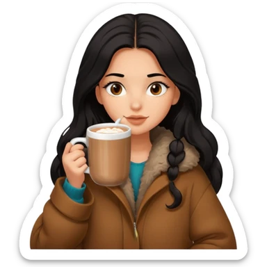 anned Girl with lashes , bright black long hair, in an extremely big fluffy brown oversized jacket, and drinking hot chocolate drink sticker