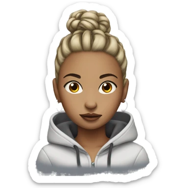 girl wearing a hoodie with a high top bun and a ring nose piercing sticker