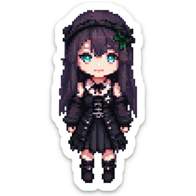 gothic girl, chibi proportions, gothic outfit, simple background, pixel art style sticker