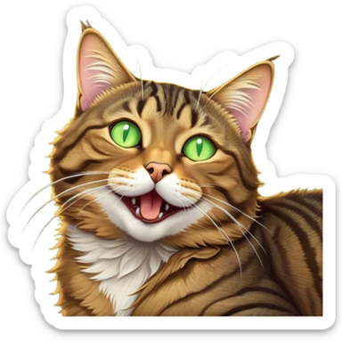Cinematic Cute Yawning Brown Tabby Cat Portrait Emoji, Head tilted slightly with a dramatic, wide-open yawn, soft brown fur with bold tabby markings, long whiskers stretching forward, golden-green eyes barely open in drowsy contentment, Simplified yet irresistibly adorable features, highly detailed, glowing with a soft, cozy glow, high shine, relaxed yet expressive, stylized with a touch of whimsy, bright and endearing, soft glowing outline, capturing the essence of a sleepy yet affectionate kitty, so drowsy it feels like it could stretch right out of the screen and curl up for a nap! sticker